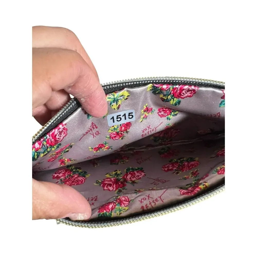 VTG Betsey Johnson Composition Notebook   Wristlet Pouch Satin Rose Lined Print